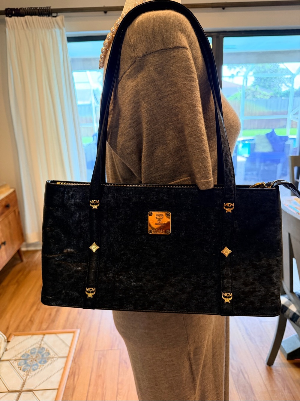 MCM Black Leather Shoulder Tote with Gold Plaque
